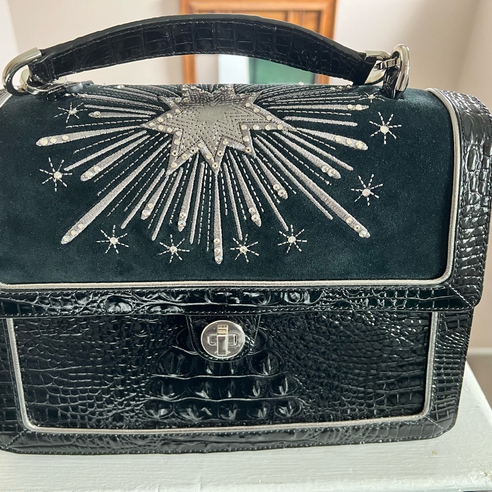 Brahmin Black and Silver Shoulder Bag with Starburst Design
